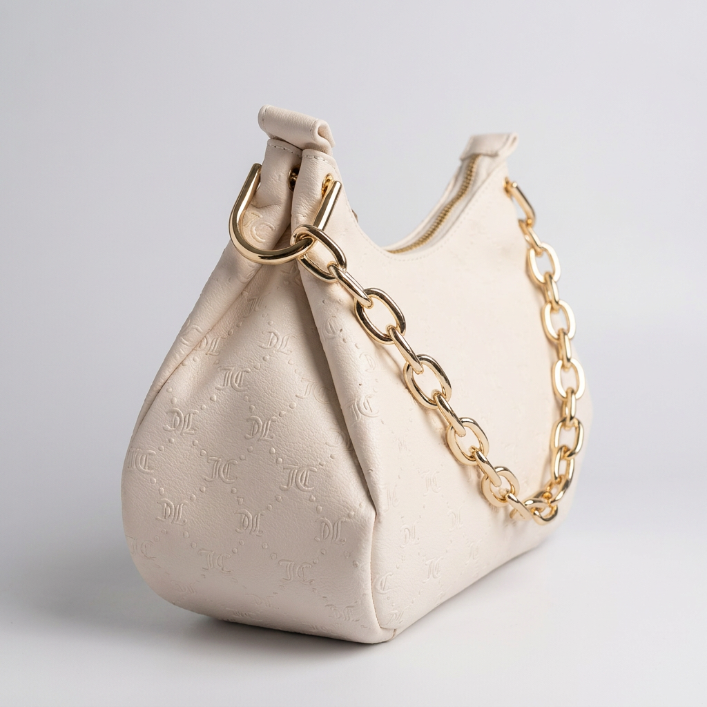 Cartera Juicy Couture Hobo Blanca con Cadena Dorada y Dije - Imagen 3