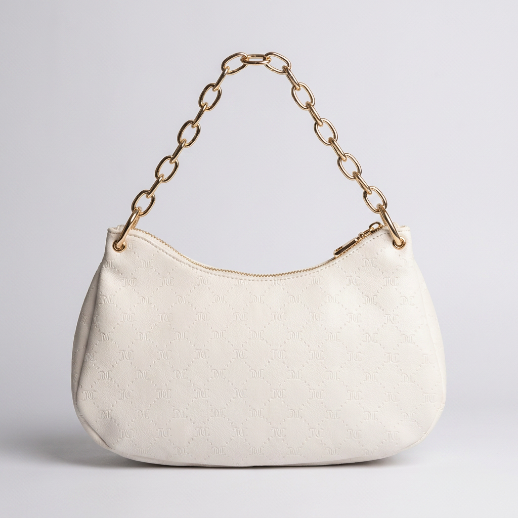 Cartera Juicy Couture Hobo Blanca con Cadena Dorada y Dije - Imagen 2