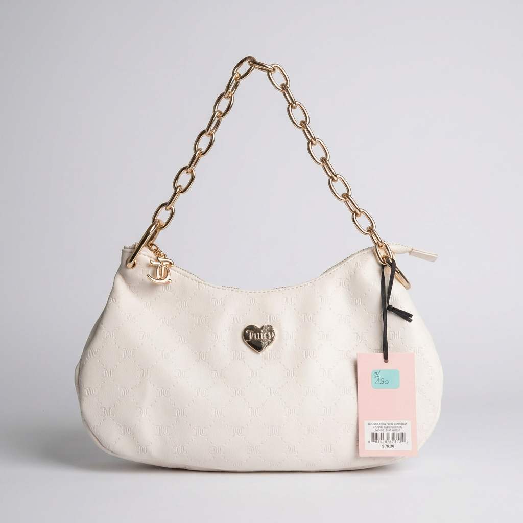 Cartera Juicy Couture Hobo Blanca con Cadena Dorada y Dije